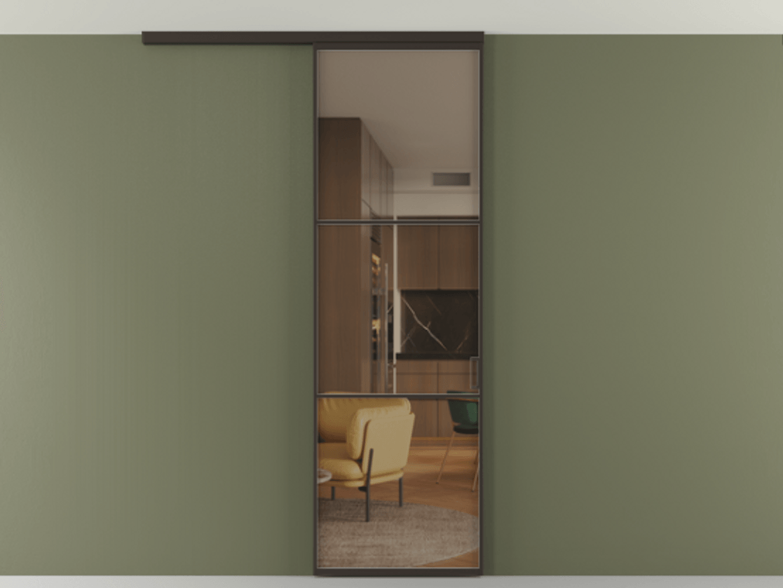 Перегородка Формато вдоль стены на потолок 1 створка АЛПР 040.03 Алюминий антрацит Прозрачное бронзовое стекло, триплекс Цена 763469 ₸ | Volhovec