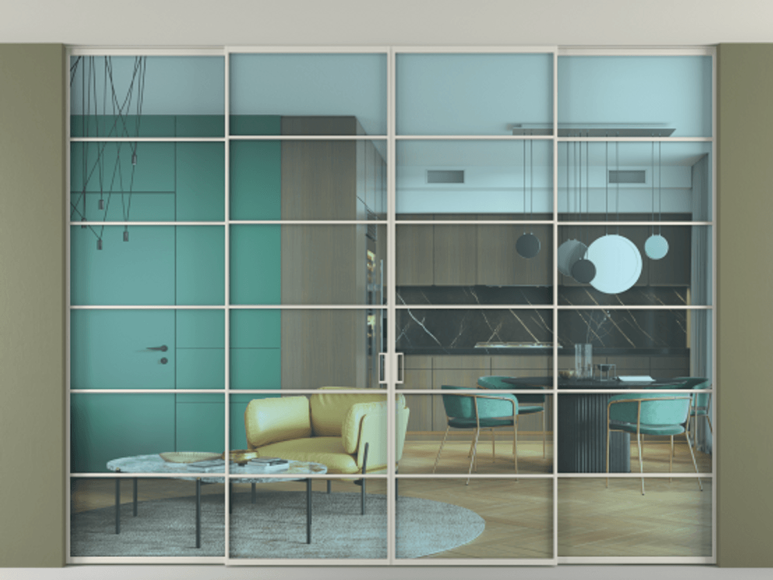 Перегородка Formato внутри проёма скрытое крепление в потолок 4 створки АЛПР 040.04 Алюминий тёплый серый Прозрачное голубое стекло, триплекс Цена 3478500 ₸ | Volhovec