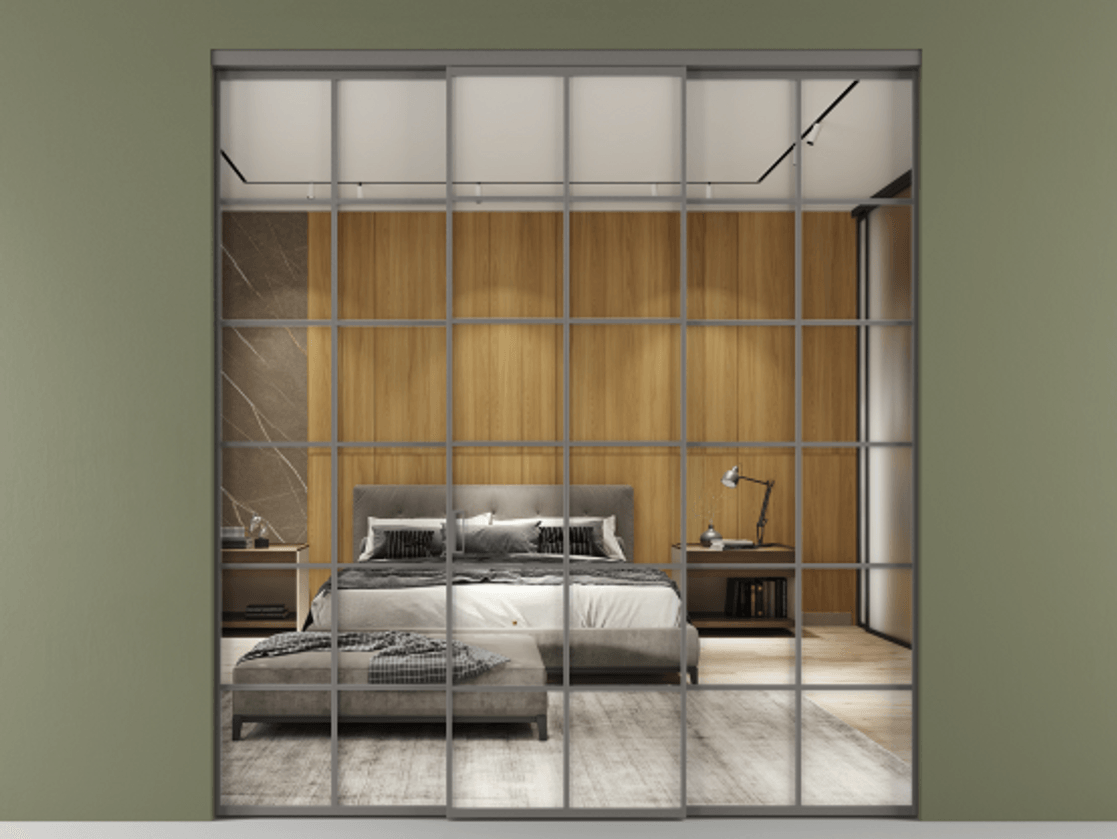 Перегородка Formato внутри проёма 3 створки АЛПР 040.05 Алюминий классический серый Двустороннее зеркало, триплекс , триплекс 6 мм Цена 1667700 ₸ | Volhovec