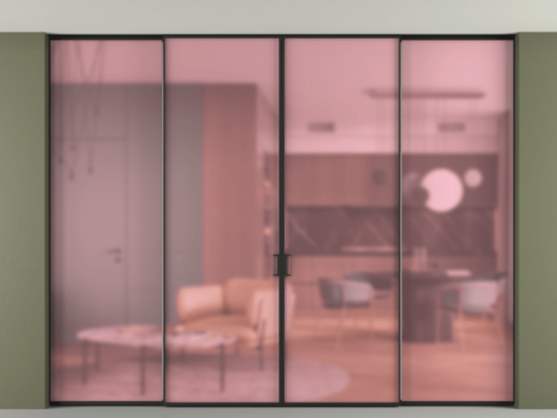 Перегородка Formato внутри проёма скрытое крепление в потолок 4 створки АЛПР 040.01 Алюминий Черный Сатинированное розовое стекло, триплекс Цена 2658700 ₸ | Volhovec