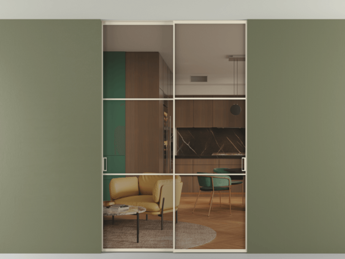 Перегородка Формато внутри проёма скрытое крепление в потолок 2 створки АЛПР 040.03 Алюминий бежево-серый Прозрачное бронзовое стекло, триплекс Цена 1876505 ₸ | Volhovec