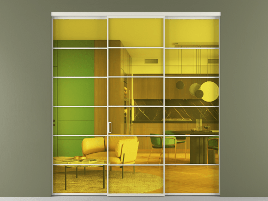 Перегородка Formato внутри проёма трёхстворчатая АЛПР 040.04 Алюминий Белый Прозрачное жёлтое стекло, триплекс Цена 1895700 ₸ | Volhovec