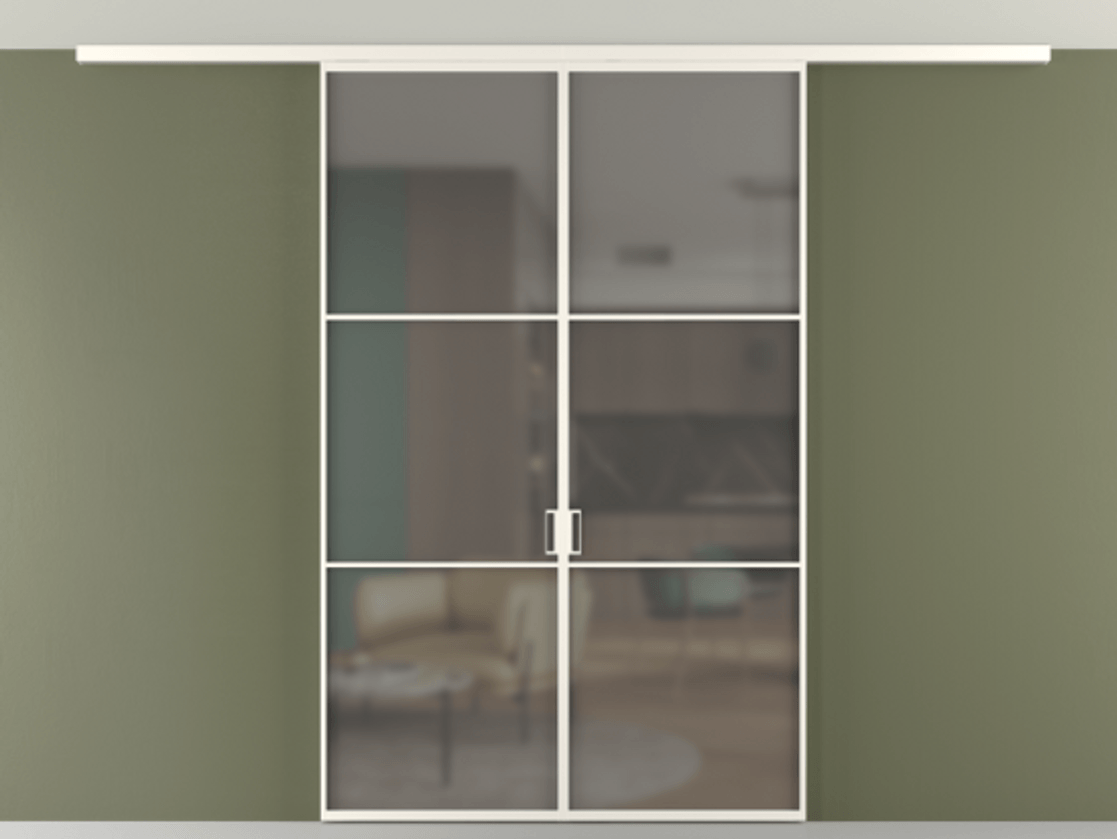 Перегородка Формато вдоль стены на потолок 2 створки АЛПР 040.03 Алюминий пудровый белый Сатинированное серое стекло, триплекс Цена 1723075 ₸ | Volhovec