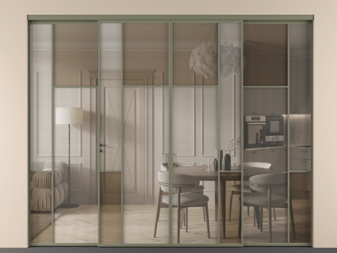 Перегородка Mosaic внутри проёма четырёхстворчатая АЛПР 041.10 Алюминий оливковый тёмный Декоративное стекло с сеткой "Mesh silver", триплекс, 6 мм + Прозрачное бронзовое стекло, триплекс Цена 2861540 ₸ | Volhovec