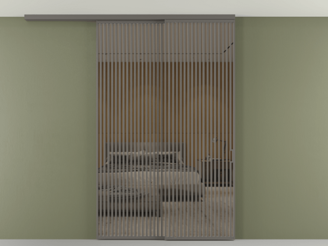 Перегородка Формато вдоль стены на потолок 2 створки с синхронным механизмом АЛПР 040.06 Алюминий классический серый Рефлективное бронзовое стекло "Стопсол", калёное Цена 3502215 ₸ | Volhovec