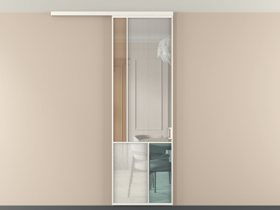 Перегородка Мозаик вдоль стены на потолок 1 створка АЛПР 041.20 Алюминий пудровый белый Комбинация стекол Группы 1 и Группы 3 Цена 1066262 ₸ | Volhovec