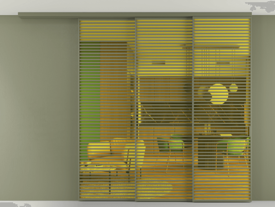 Перегородка Formato вдоль стены на потолок 3 створки с синхронным механизмом АЛПР 040.07 Алюминий оливковый тёмный Прозрачное жёлтое стекло, триплекс Цена 4087700 ₸ | Volhovec