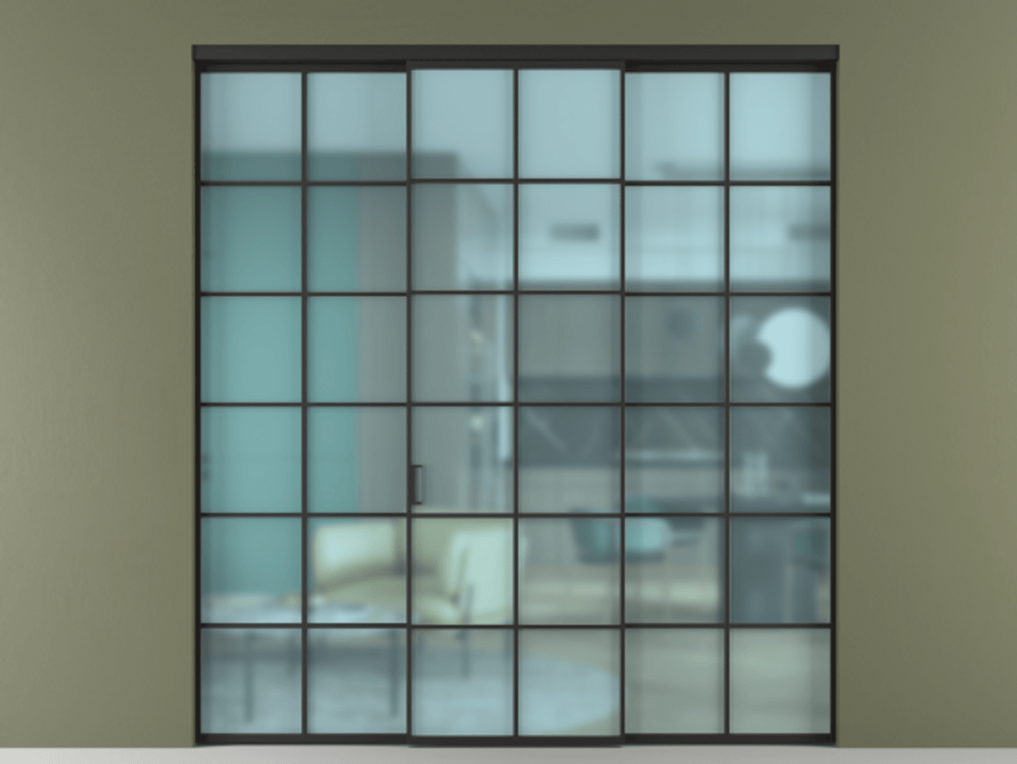 Перегородка Formato внутри проёма 3 створки АЛПР 040.05 Алюминий Черный Сатинированное голубое стекло, триплекс Цена 1600300 ₸ | Volhovec