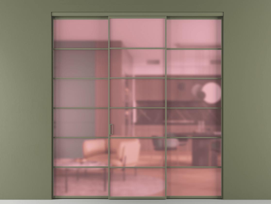 Перегородка Formato внутри проёма 3 створки АЛПР 040.04 Алюминий оливковый тёмный Сатинированное розовое стекло, триплекс Цена 1667700 ₸ | Volhovec