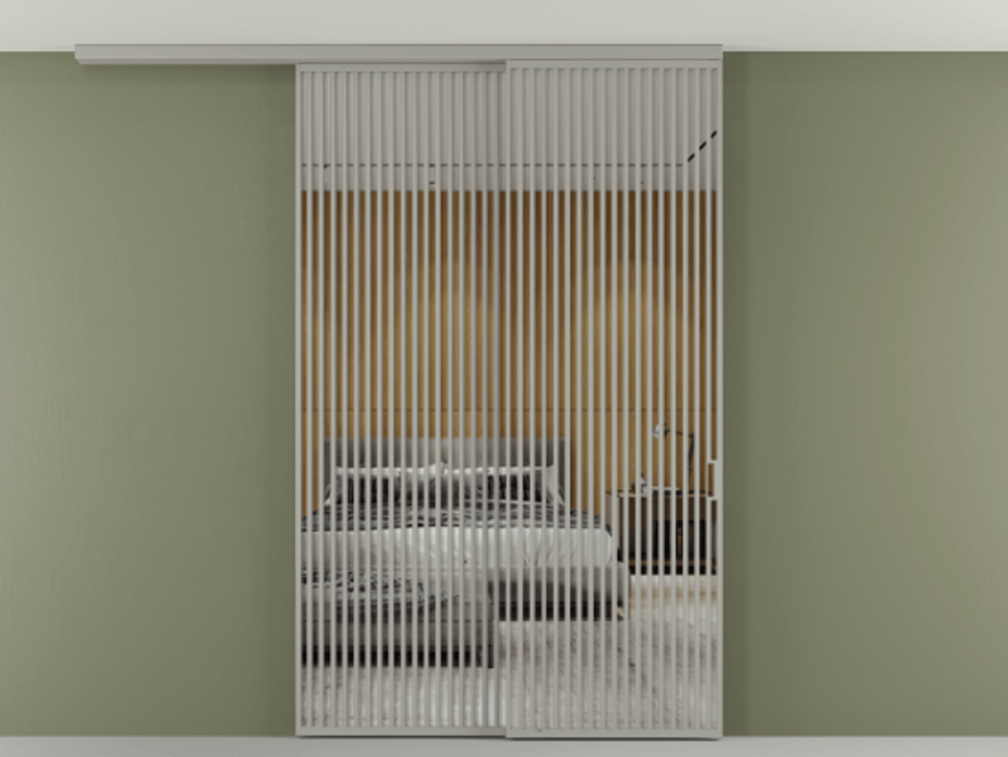 Перегородка Формато вдоль стены на потолок 2 створки с синхронным механизмом АЛПР 040.06 Алюминий нейтральный серый Двустороннее зеркало, триплекс , триплекс 6 мм Цена 3405447 ₸ | Volhovec