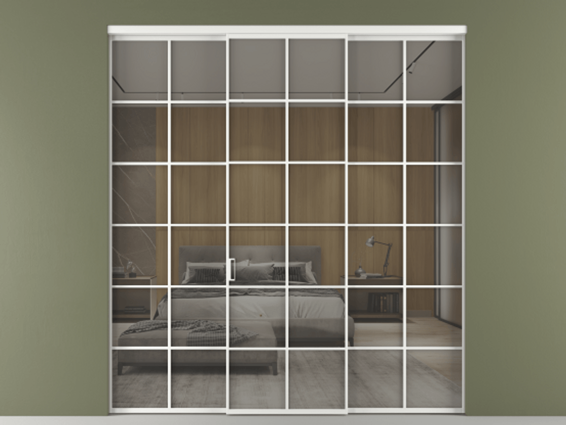 Перегородка Формато внутри проёма 3 створки АЛПР 040.05 Алюминий белоснежный Рефлективное серое стекло "Стопсол", калёное Цена 2577960 ₸ | Volhovec