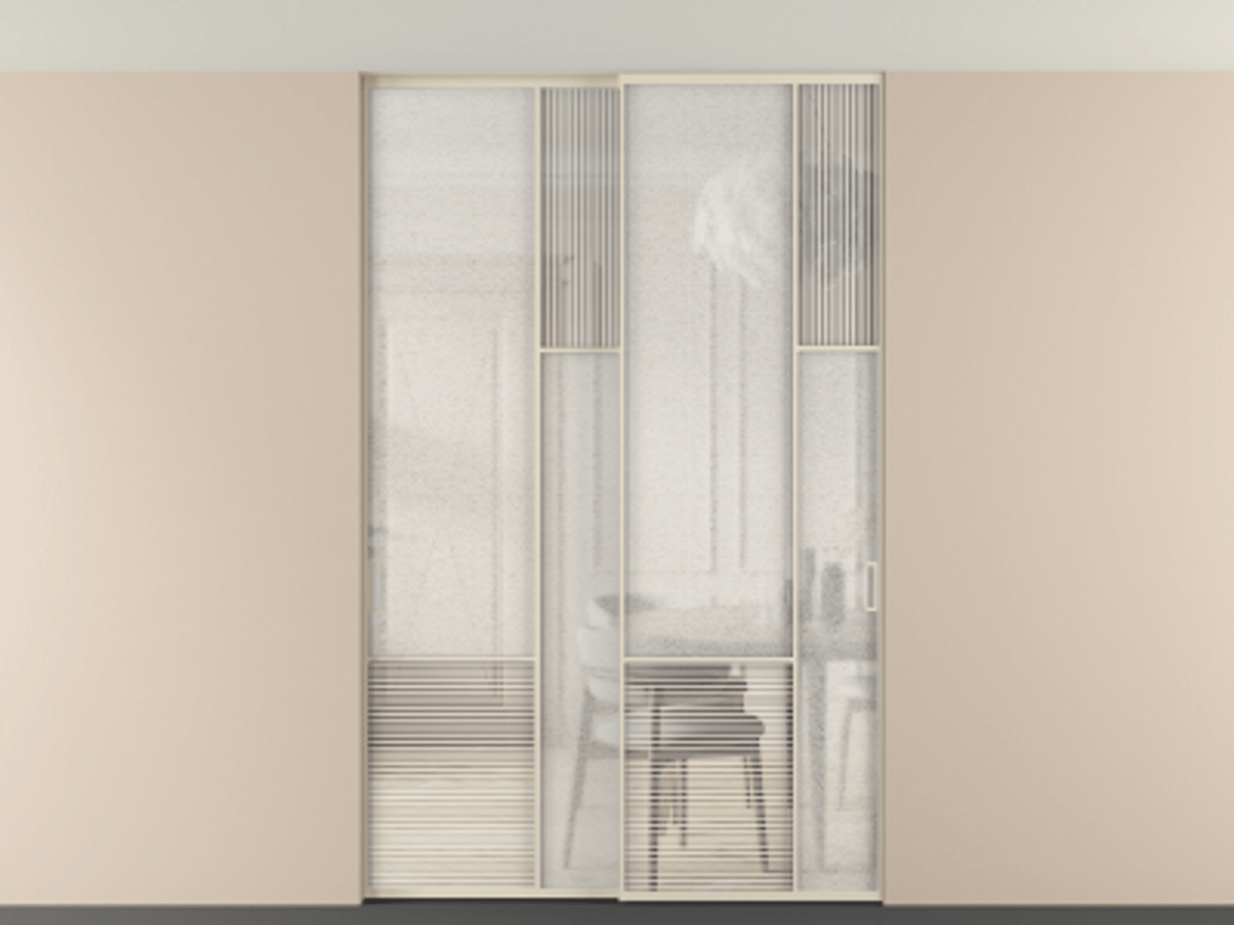 Перегородка Mosaic внутри проёма скрытое крепление в потолок 2 створки АЛПР 041.12 Алюминий бежево-серый Рифлёное стекло "Дюна", триплекс, 6 мм + Фактурное стекло "Лёд", триплекс. Цена 2574785 ₸ . Фабрика дверей Волховец 8 (800) 551 43 19 Перегородка Mosaic внутри проёма скрытое крепление в потолок 2 створки АЛПР 041.12 Алюминий бежево-серый Рифлёное стекло "Дюна", триплекс, 6 мм + Фактурное стекло "Лёд", триплекс Цена 2574785 ₸ | Volhovec