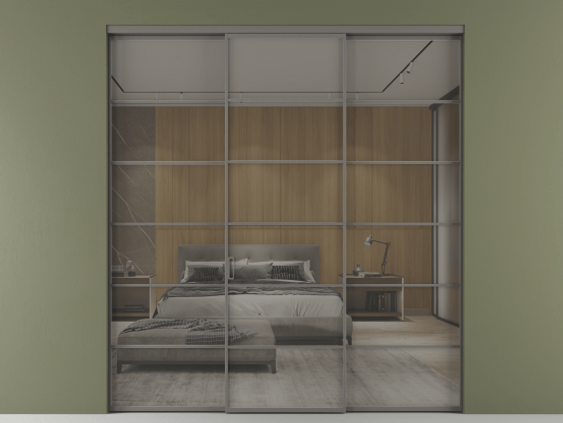 Перегородка Formato внутри проёма 3 створки АЛПР 040.04 Алюминий классический серый Рефлективное серое стекло "Стопсол", калёное Цена 2577960 ₸ | Volhovec