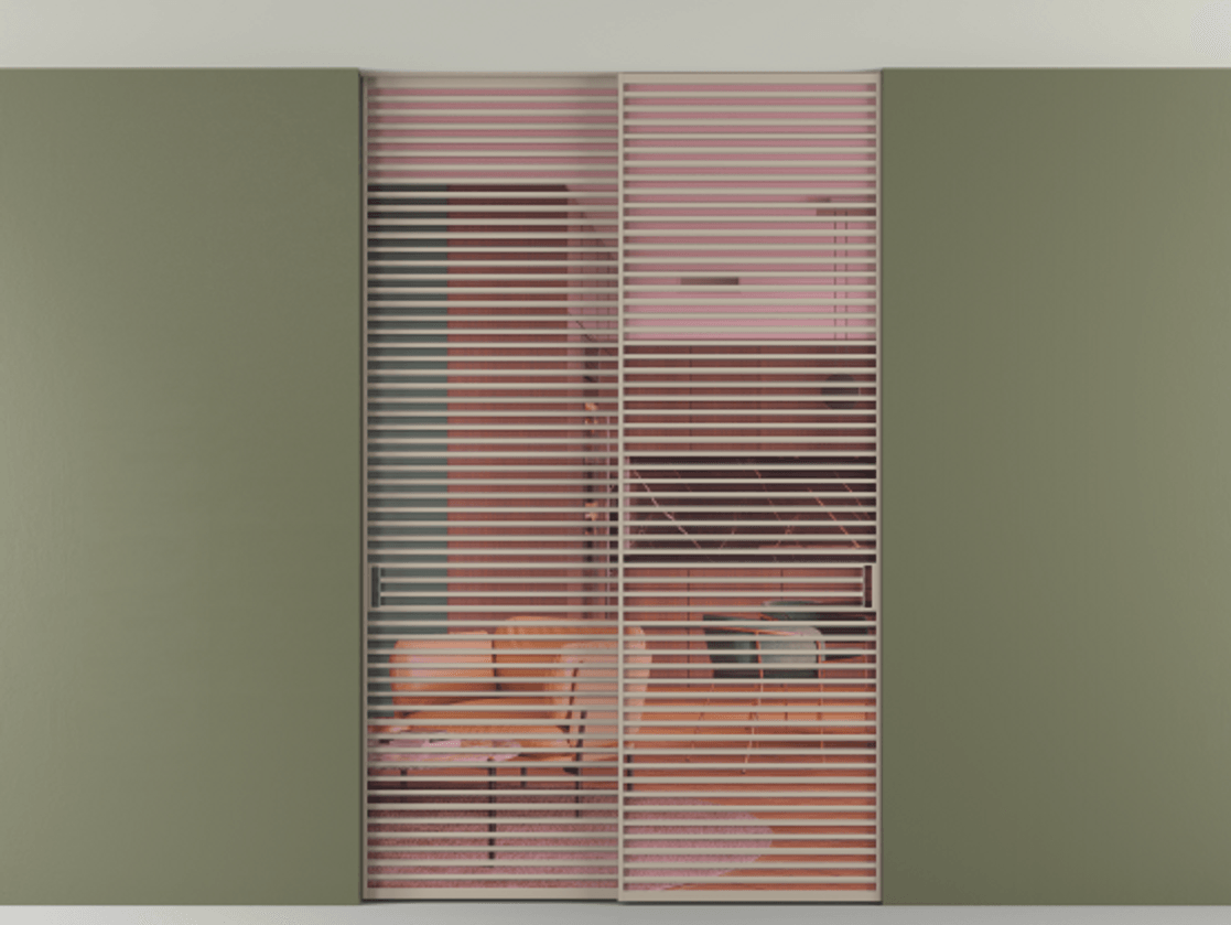 Перегородка Formato внутри проёма скрытое крепление в потолок 2 створки АЛПР 040.07 Алюминий бисквитный Прозрачное розовое стекло, триплекс Цена 3098957 ₸ | Volhovec