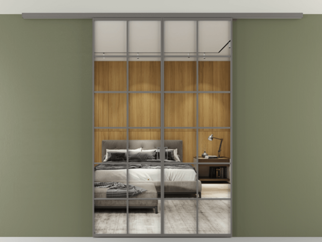 Перегородка Формато вдоль стены на потолок 2 створки АЛПР 040.05 Алюминий классический серый Двустороннее зеркало, триплекс , триплекс 6 мм Цена 1642697 ₸ | Volhovec
