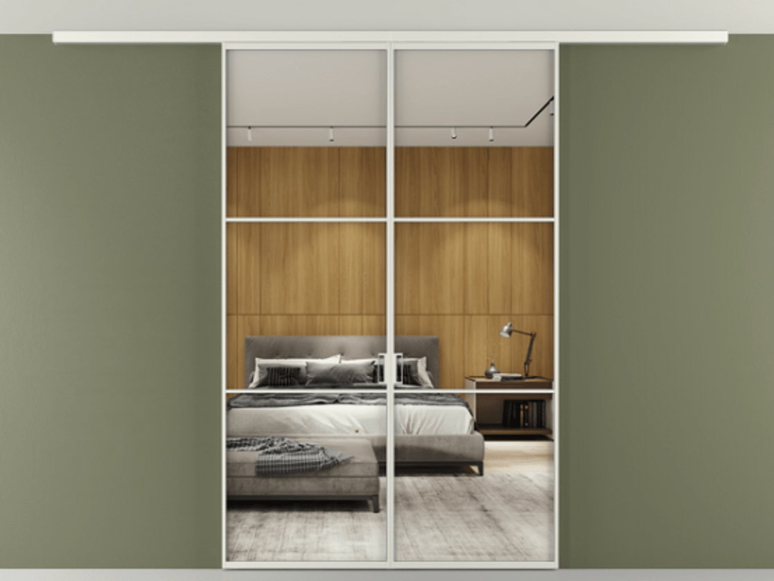 Перегородка Формато вдоль стены на потолок 2 створки АЛПР 040.03 Алюминий серый Двустороннее зеркало, триплекс , триплекс 6 мм Цена 1473263 ₸ | Volhovec