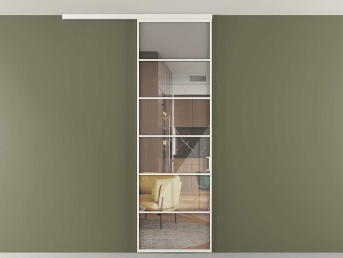 Перегородка Формато вдоль стены на потолок 1 створка АЛПР 040.04 Алюминий светло-серый Рефлективное прозрачное стекло "Стопсол", калёное Цена 1013720 ₸ | Volhovec