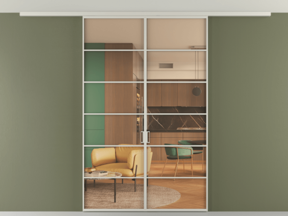 Перегородка Формато вдоль стены на потолок 2 створки АЛПР 040.04 Алюминий тёплый серый Прозрачное оранжевое стекло, триплекс Цена 1508107 ₸ | Volhovec