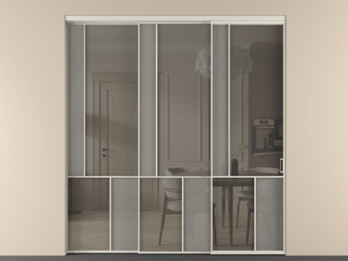 Перегородка Мозаик внутри проёма 3 створки с синхронным механизмом АЛПР 041.20  Алюминий облачно-серый Сатинированное серое стекло, триплекс, 6 мм + Прозрачное серое стекло, триплекс Цена 3306668 ₸ | Volhovec