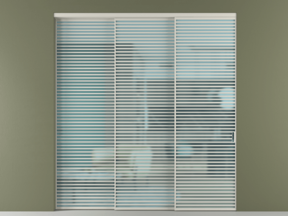 Перегородка Formato внутри проёма 3 створки с синхронным механизмом АЛПР 040.07 Алюминий тёплый серый Сатинированное голубое стекло, триплекс Цена 3617600 ₸  | Volhovec