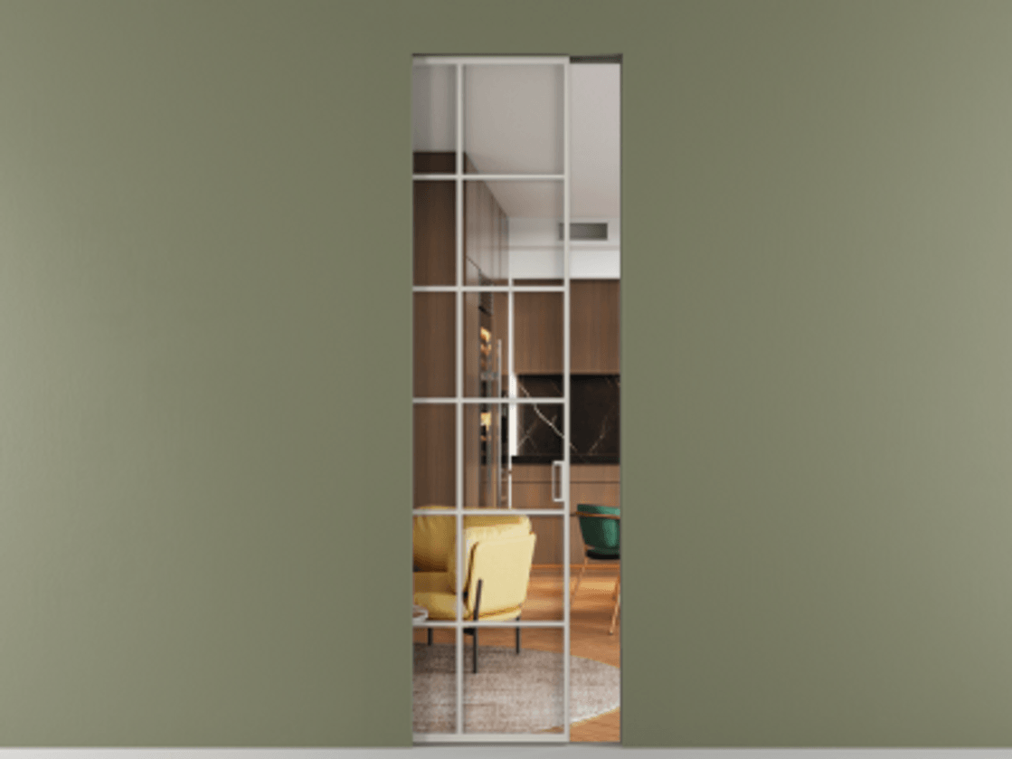 Перегородка Formato скрытый пенал 1 створка АЛПР 040.05 Алюминий тёплый серый Прозрачное стекло "Crystal Vision", калёное Цена 1161900 ₸ | Volhovec