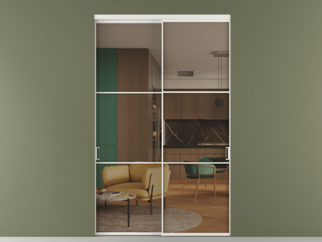 Перегородка Формато внутри проёма 2 створки АЛПР 040.03 Алюминий светло-серый Прозрачное бронзовое стекло, триплекс Цена 3211110 ₸  | Volhovec