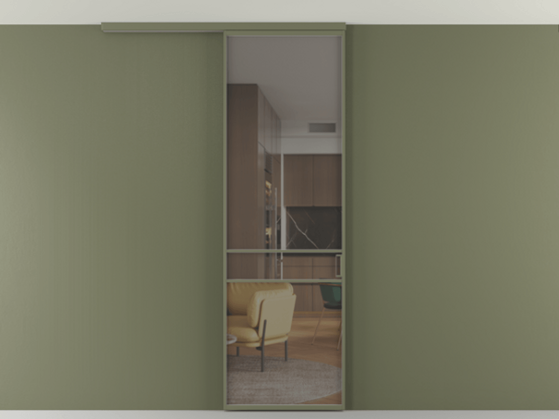 Перегородка Формато вдоль стены на потолок 1 створка АЛПР 040.02 Алюминий оливковый тёмный Прозрачное серое стекло, триплекс Цена 732246 ₸ | Volhovec