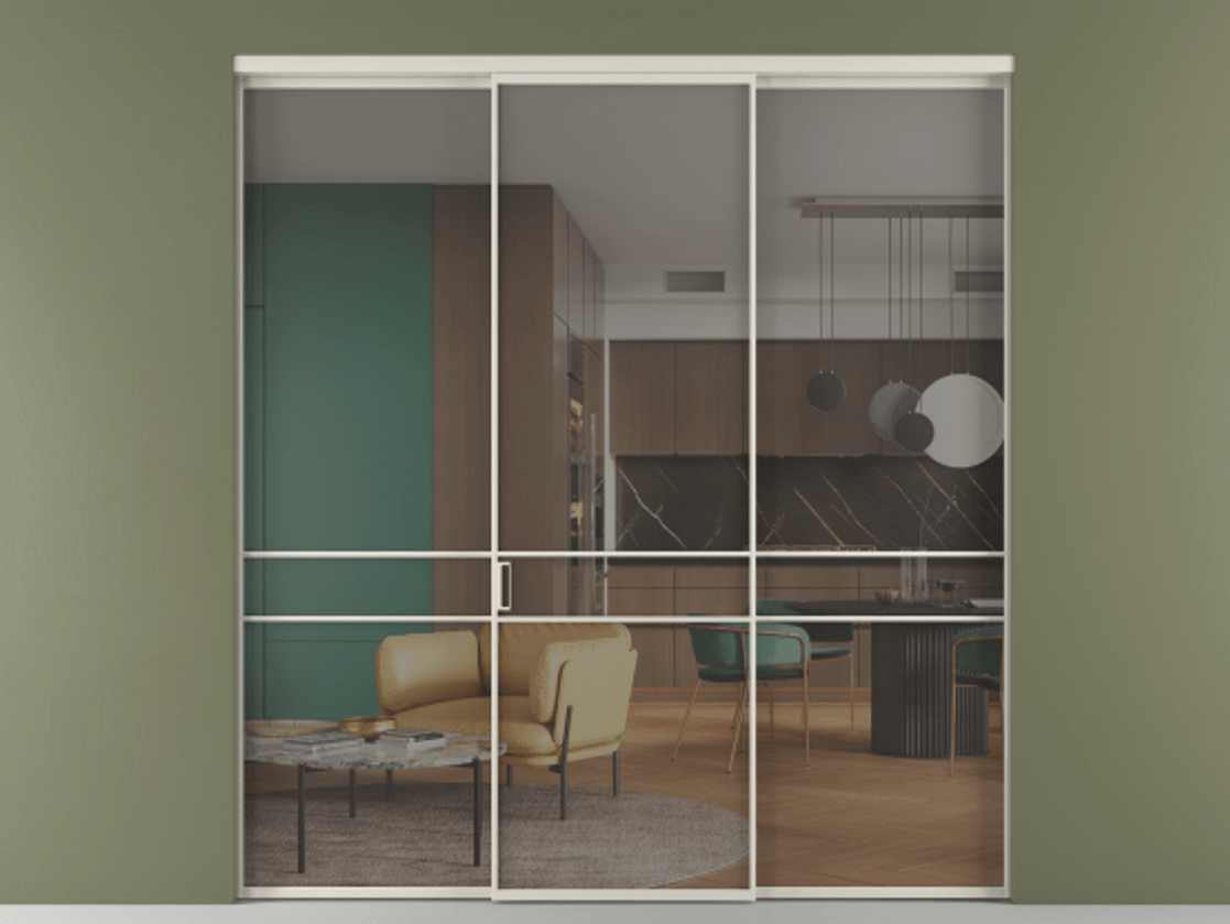 Перегородка Formato внутри проёма 3 створки АЛПР 040.02 Алюминий облачно-серый Прозрачное серое стекло, триплекс Цена 1550890 ₸ | Volhovec