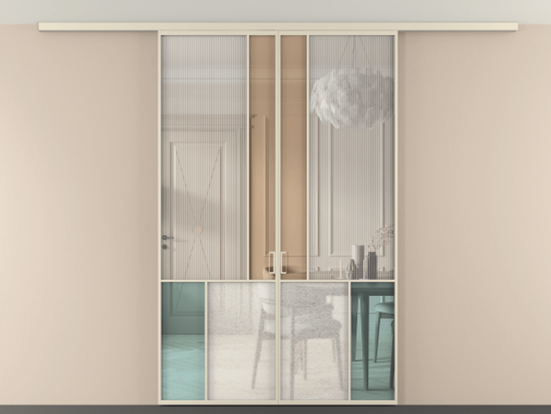 Перегородка Mosaic вдоль стены на потолок двустворчатая АЛПР 041.20 Алюминий бежево-серый Комбинация стекол Группы 1 и Группы 3 Цена 1715900 ₸ | Volhovec