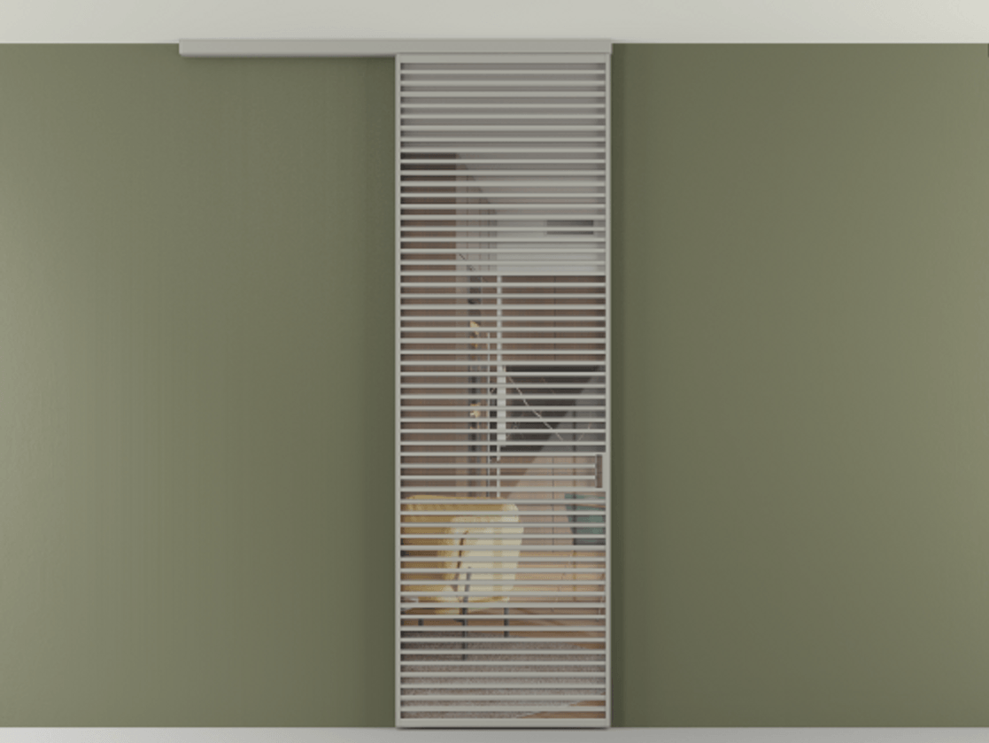 Перегородка Формато вдоль стены на потолок 1 створка АЛПР 040.07 Алюминий нейтральный серый Рефлективное прозрачное стекло "Стопсол", калёное Цена 1463828 ₸ | Volhovec