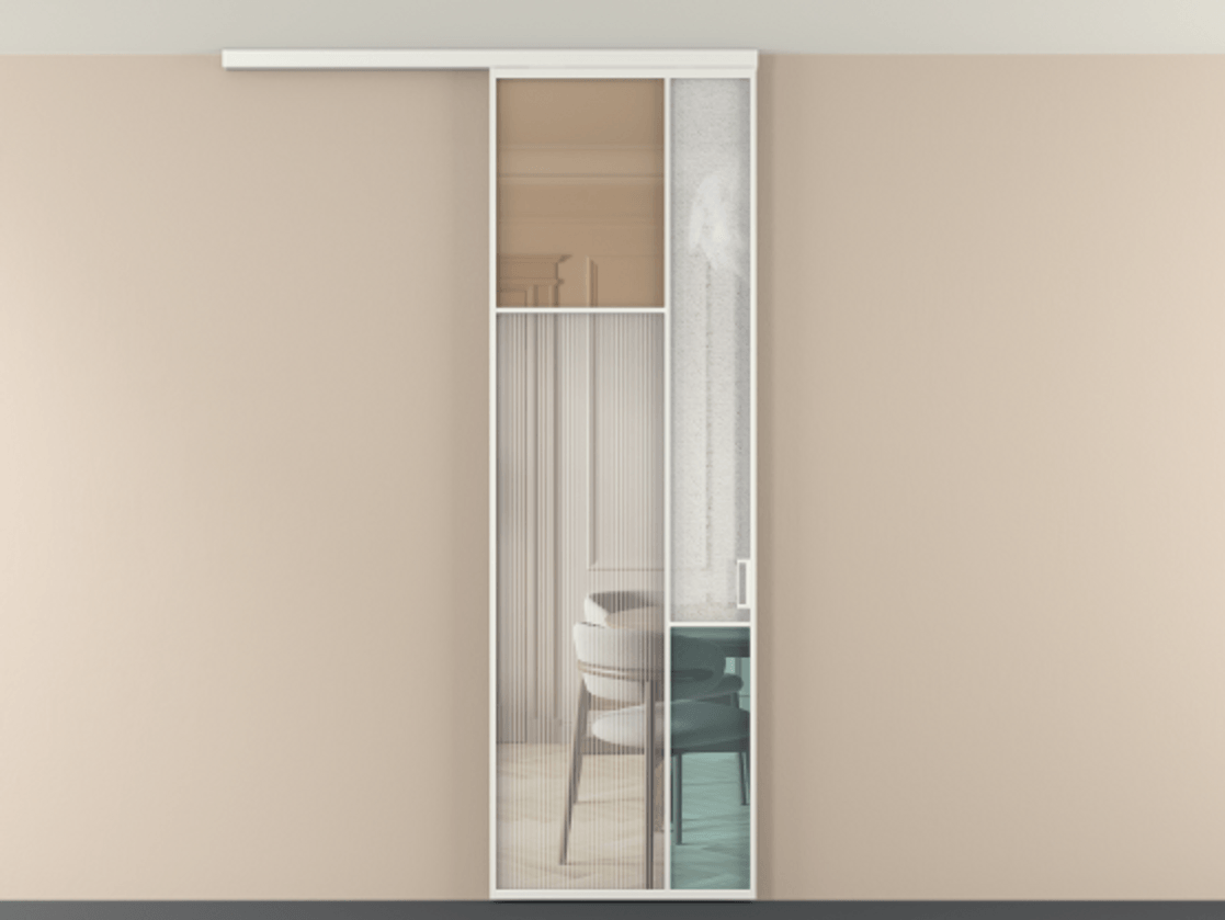 Перегородка Мозаик вдоль стены на потолок 1 створка АЛПР 041.10 Алюминий светло-серый Комбинация стекол Группы 1 и Группы 3 Цена 1066262 ₸ | Volhovec