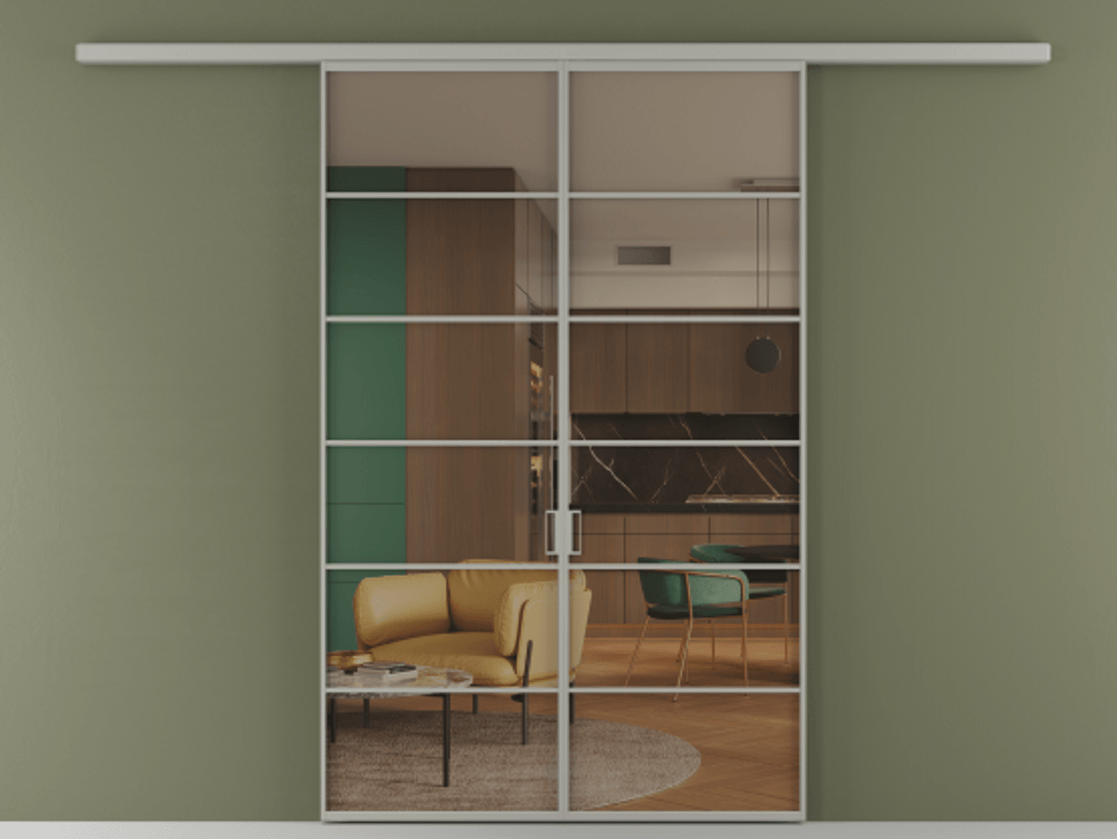 Перегородка Формато вдоль стены 2 створки АЛПР 040.04 Алюминий нейтральный серый Прозрачное бронзовое стекло, триплекс Цена 1566054 ₸ | Volhovec