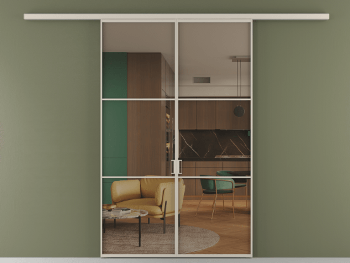 Перегородка Формато вдоль стены 2 створки АЛПР 040.03 Алюминий светло-бежевый Прозрачное бронзовое стекло, триплекс Цена 1477602 ₸ | Volhovec