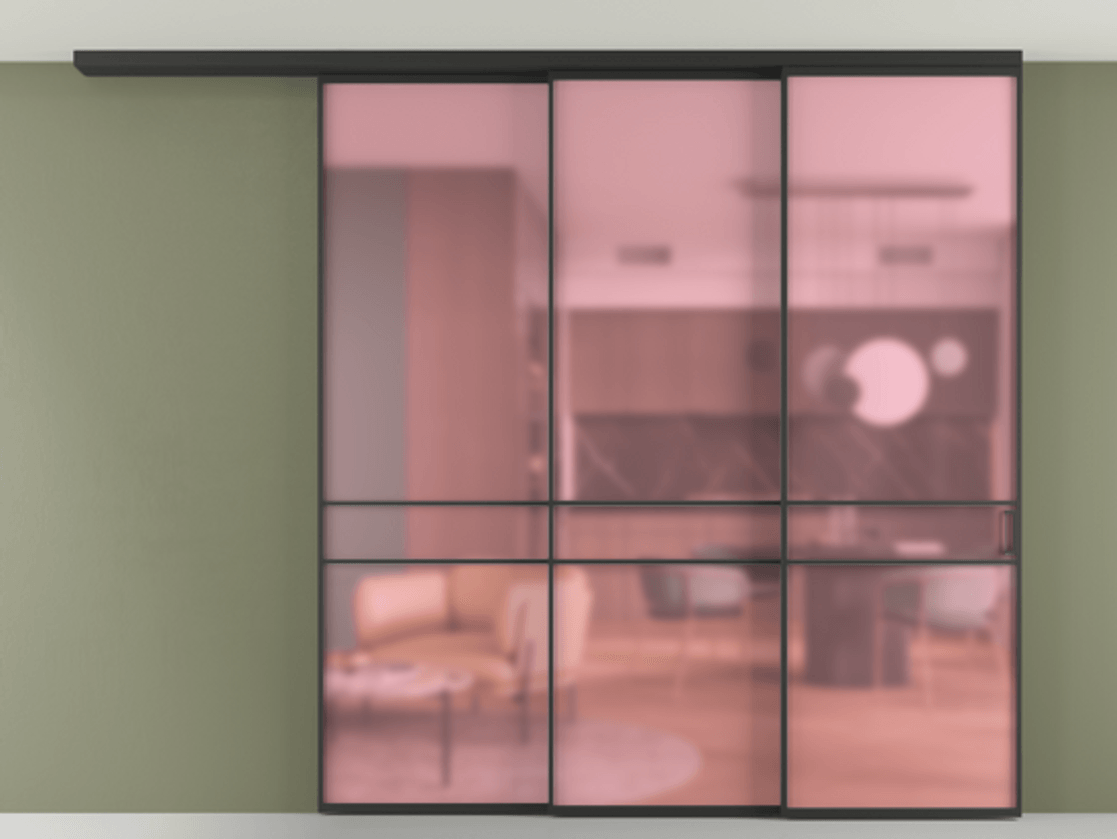 Перегородка Formato вдоль стены на потолок 3 створки с синхронным механизмом АЛПР 040.02 Алюминий Черный Сатинированное розовое стекло, триплекс Цена 2354700 ₸ | Volhovec