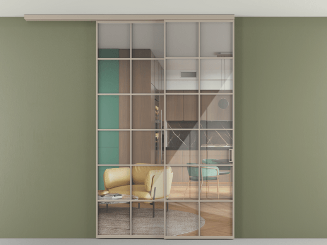 Перегородка Формато вдоль стены на потолок 2 створки с синхронным механизмом АЛПР 040.05 Алюминий бисквитный Рефлективное прозрачное стекло "Стопсол", калёное Цена 2302050 ₸ | Volhovec