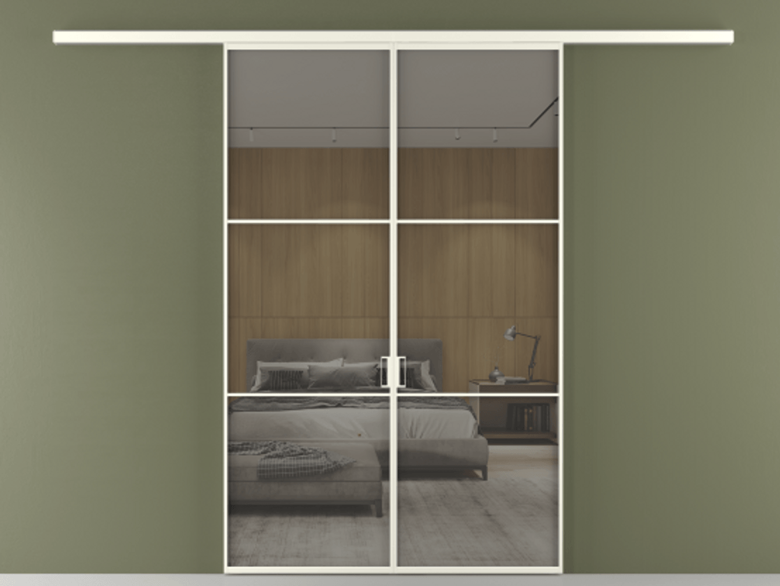 Перегородка Формато вдоль стены 2 створки АЛПР 040.03 Алюминий жемчужный Рефлективное серое стекло "Стопсол", калёное Цена 1882440 ₸ | Volhovec