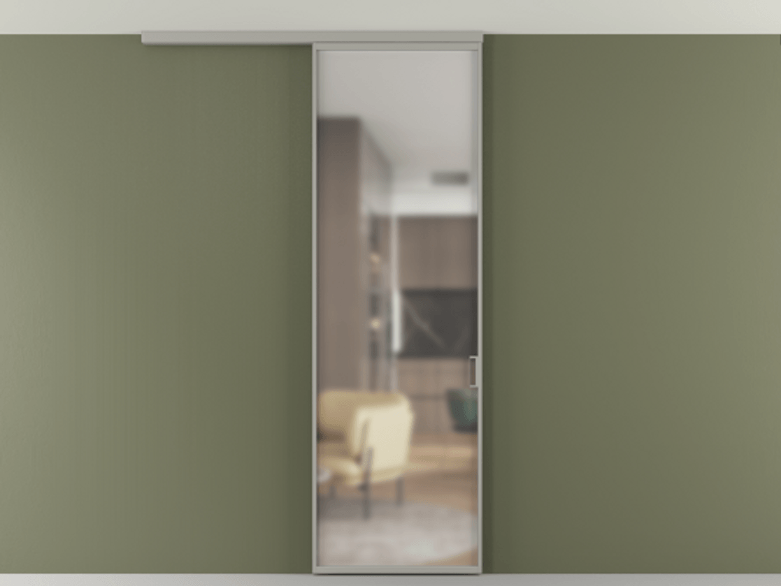 Перегородка Формато вдоль стены на потолок 1 створка АЛПР 040.01 Алюминий нейтральный серый Сатинированное стекло "Мателюкс Кристал Вижн", калёное, матовое, каленое 6 мм Цена 903949 ₸ | Volhovec