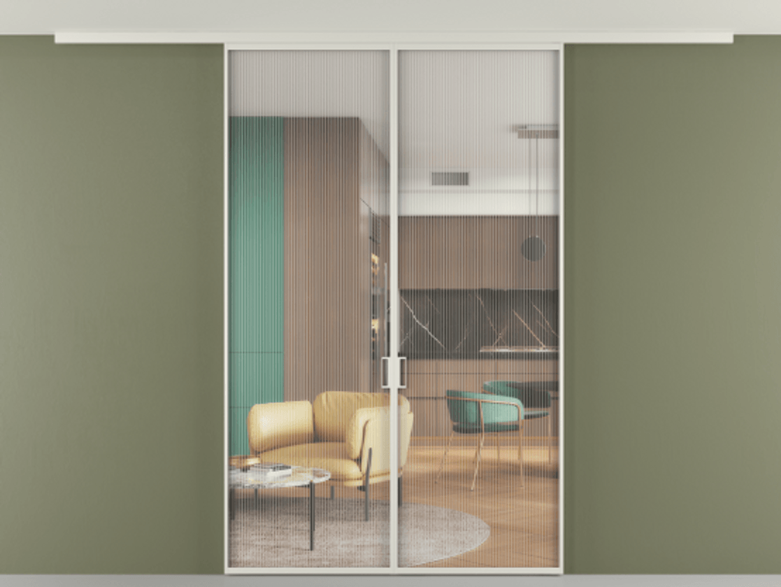 Перегородка Формато вдоль стены на потолок 2 створки АЛПР 040.01 Алюминий Белый Рифлёное стекло "Мору", триплекс Цена 1383442 ₸ | Volhovec