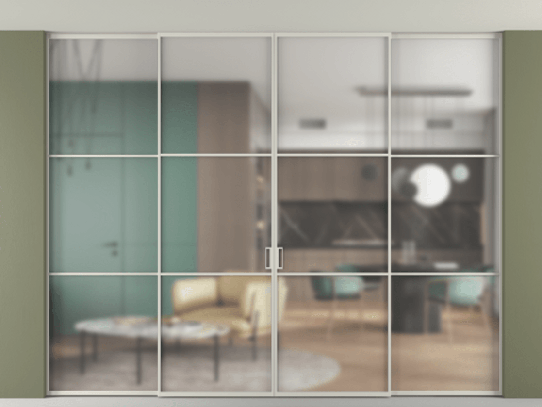 Перегородка Formato внутри проёма скрытое крепление в потолок 4 створки АЛПР 040.03 Алюминий тёплый серый Сатинированное стекло "Мателюкс Кристал Вижн", калёное, матовое, каленое 6 мм Цена 4196858 ₸ | Volhovec