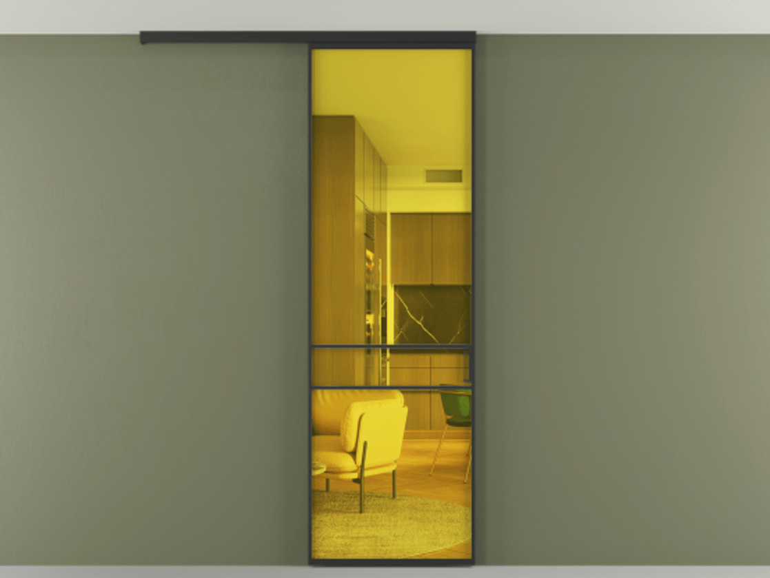 Перегородка Formato вдоль стены на потолок 1 створка АЛПР 040.02 Алюминий Черный Прозрачное жёлтое стекло, триплекс Цена 606000 ₸ | Volhovec