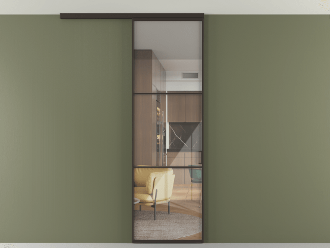 Перегородка Формато вдоль стены на потолок 1 створка АЛПР 040.03 Алюминий антрацит Рефлективное прозрачное стекло "Стопсол", калёное Цена 811853 ₸ | Volhovec