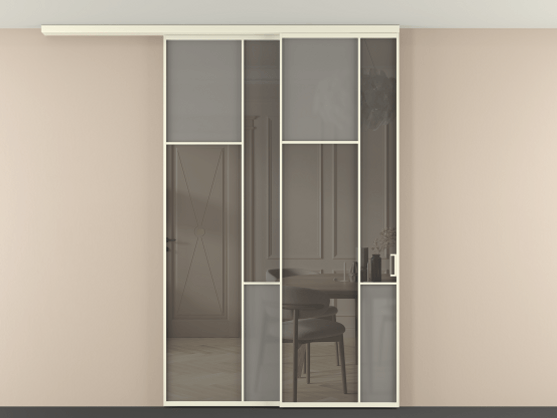 Перегородка Мозаик вдоль стены на потолок 2 створки с синхронным механизмом АЛПР 041.10 Алюминий молочно-белый Сатинированное серое стекло, триплекс, 6 мм + Прозрачное серое стекло, триплекс Цена 2512037 ₸ | Volhovec