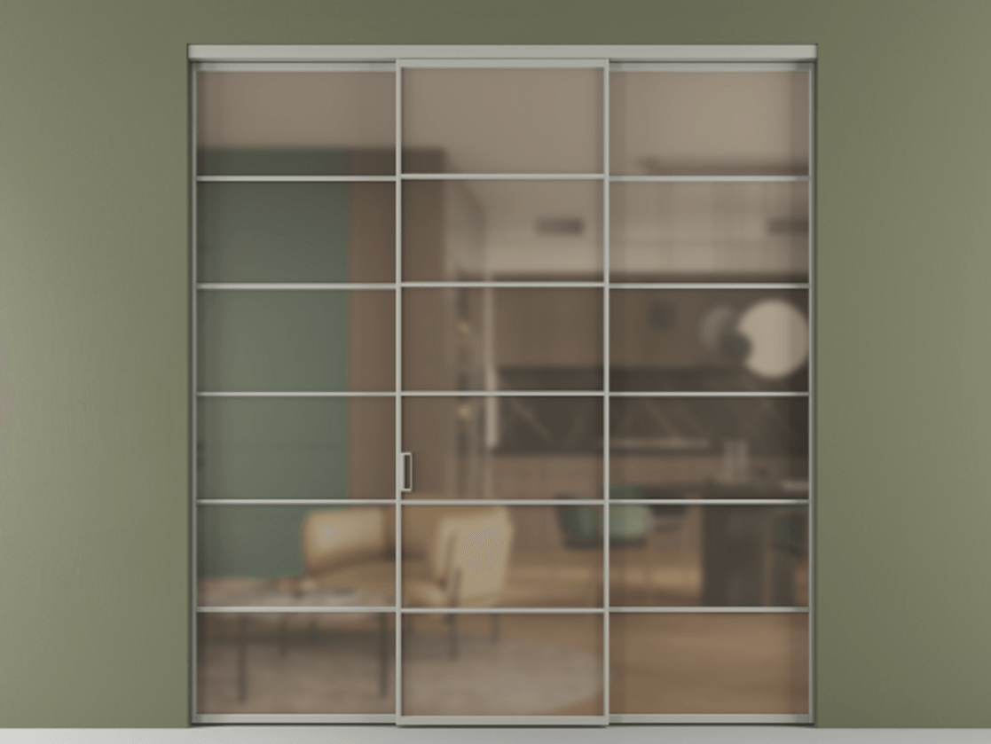 Перегородка Формато внутри проёма 3 створки АЛПР 040.04 Алюминий нейтральный серый Сатинированное бронзовое стекло, триплекс Цена 1926477 ₸ | Volhovec