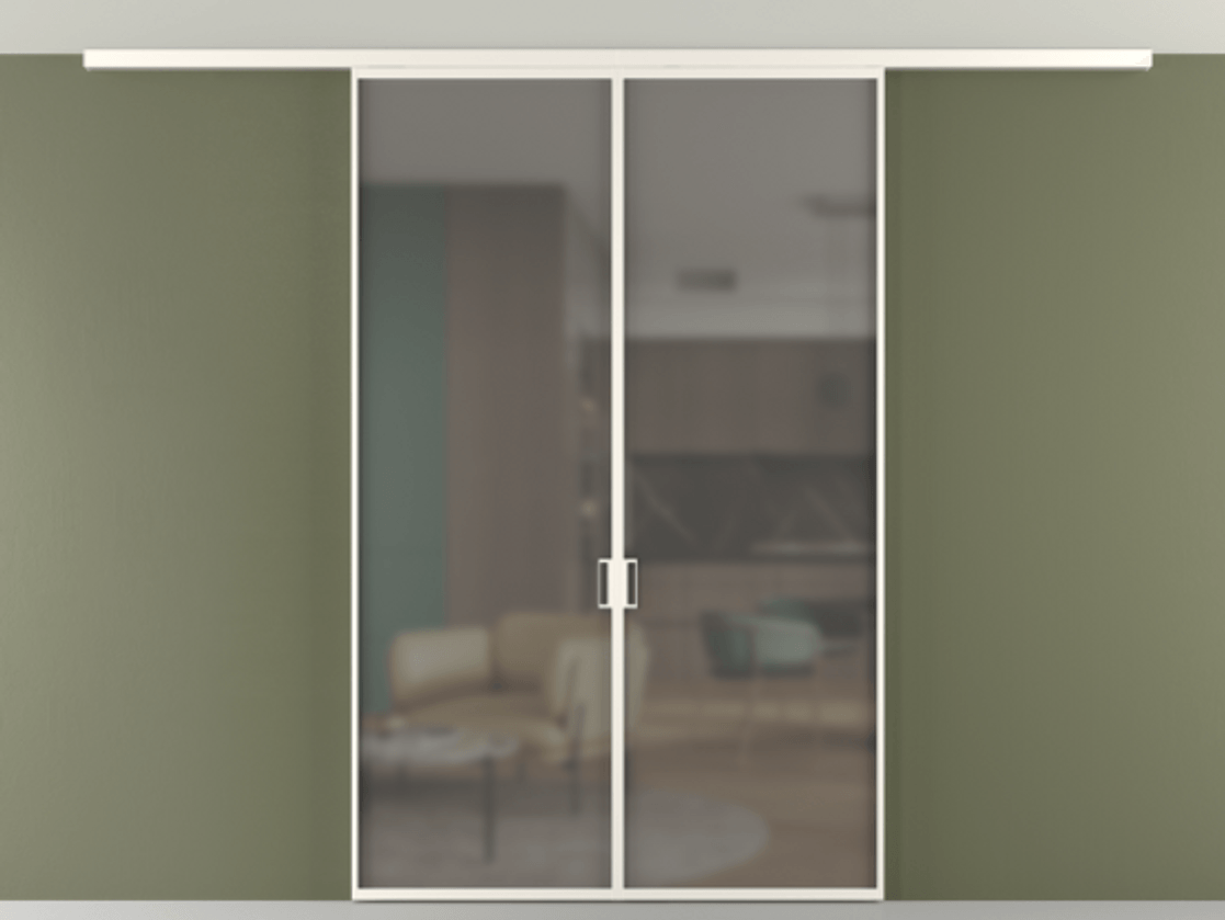 Перегородка Формато вдоль стены на потолок 2 створки АЛПР 040.01 Алюминий пудровый белый Сатинированное серое стекло, триплекс Цена 1343450 ₸ | Volhovec