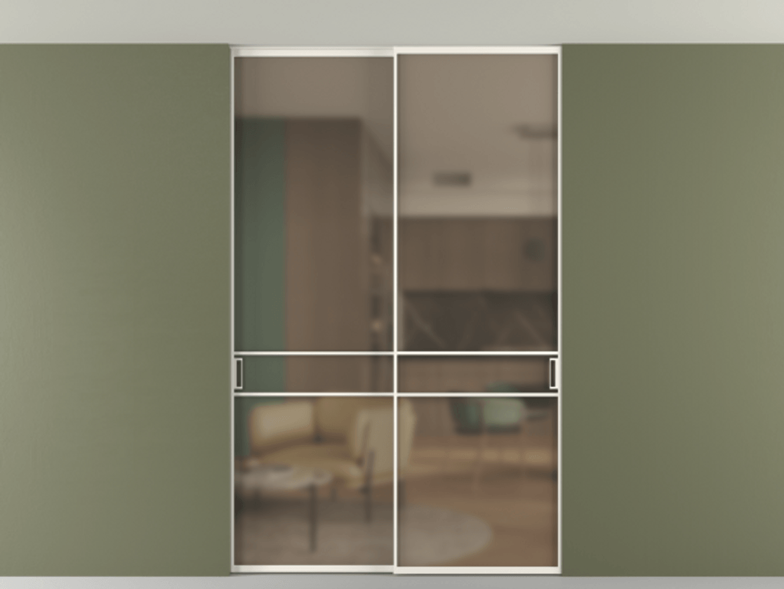 Перегородка Формато внутри проёма скрытое крепление в потолок 2 створки АЛПР 040.02 Алюминий пудровый белый Сатинированное бронзовое стекло, триплекс Цена 1876505 ₸ | Volhovec