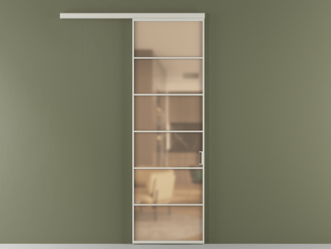 Межкомнатная дверь New Перегородка Formato вдоль стены одностворчатая АЛПР 040.04 Алюминий тёплый серый Сатинированное оранжевое стекло, триплекс Цена 787500  | Volhovec