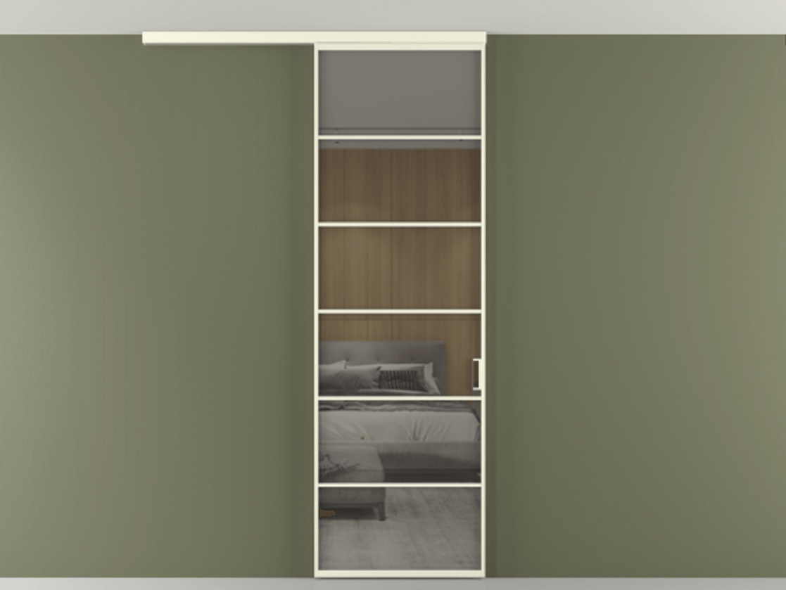 Перегородка Формато вдоль стены на потолок 1 створка АЛПР 040.04 Алюминий молочно-белый Рефлективное серое стекло "Стопсол", калёное Цена 863745 ₸ | Volhovec