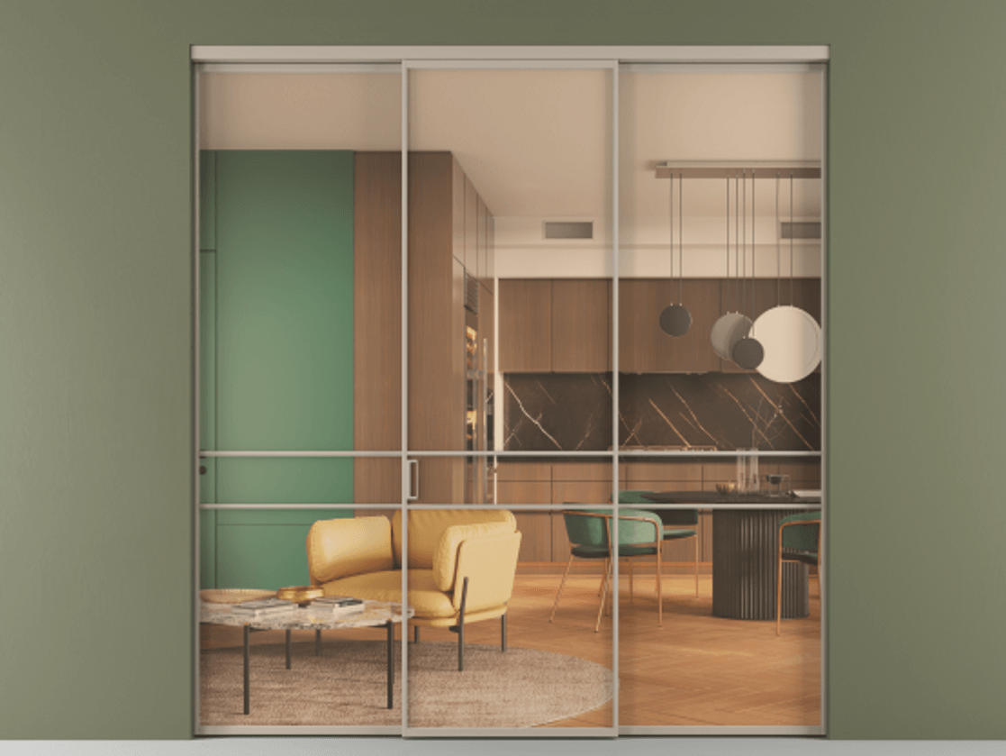 Перегородка Formato внутри проёма 3 створки АЛПР 040.02 Алюминий бисквитный Прозрачное оранжевое стекло, триплекс Цена 1550900 ₸ | Volhovec