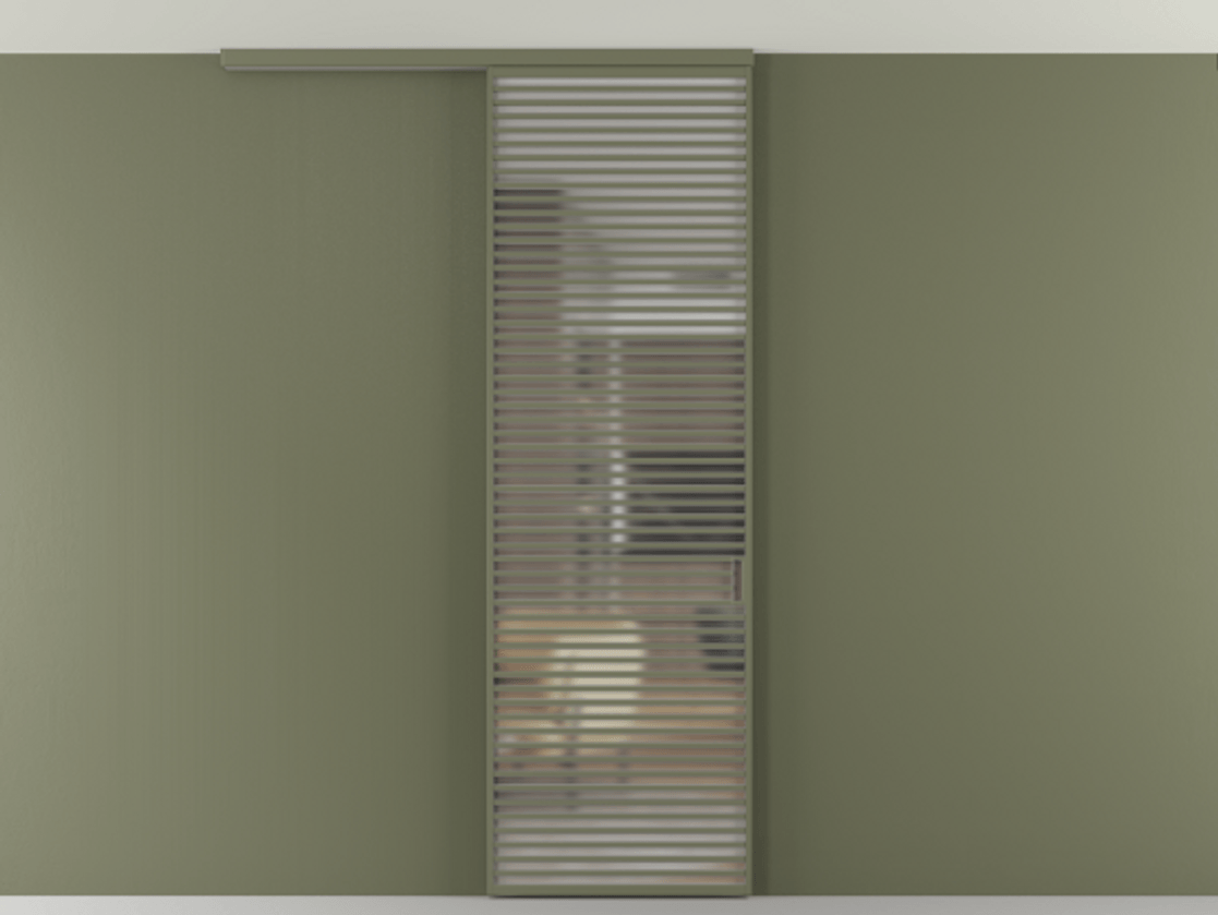 Перегородка Формато вдоль стены на потолок 1 створка АЛПР 040.07 Алюминий оливковый тёмный Сатинированное стекло "Мателюкс Кристал Вижн", калёное, матовое, каленое 6 мм Цена 1463828 ₸ | Volhovec