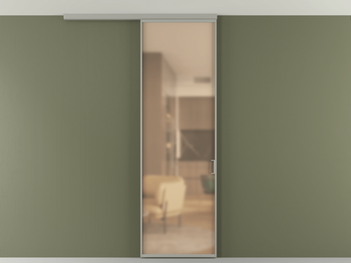 Перегородка Формато вдоль стены на потолок 1 створка АЛПР 040.01 Алюминий нейтральный серый Сатинированное оранжевое стекло, триплекс Цена 698563 ₸ | Volhovec